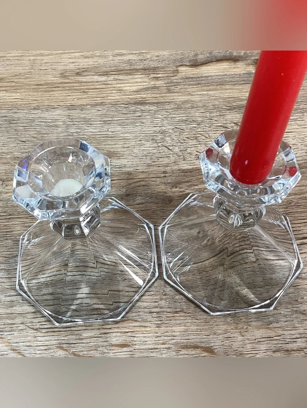 Pair Glass Candlestick Holders with Holiday Candle Rings